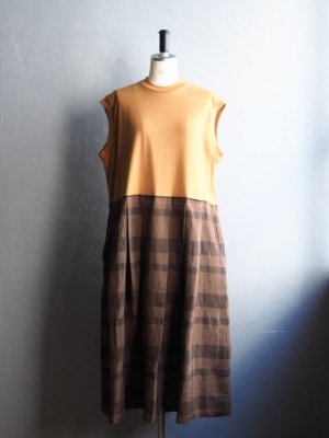 画像1: HONNETE(オネット) Sleeveless T-shirts Dress-アンバー×ブラウンチェック