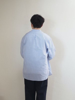 画像3: Still By Hand(スティルバイハンド) コットンラミー プルオーバー バンドカラーシャツ ブルーストライプ